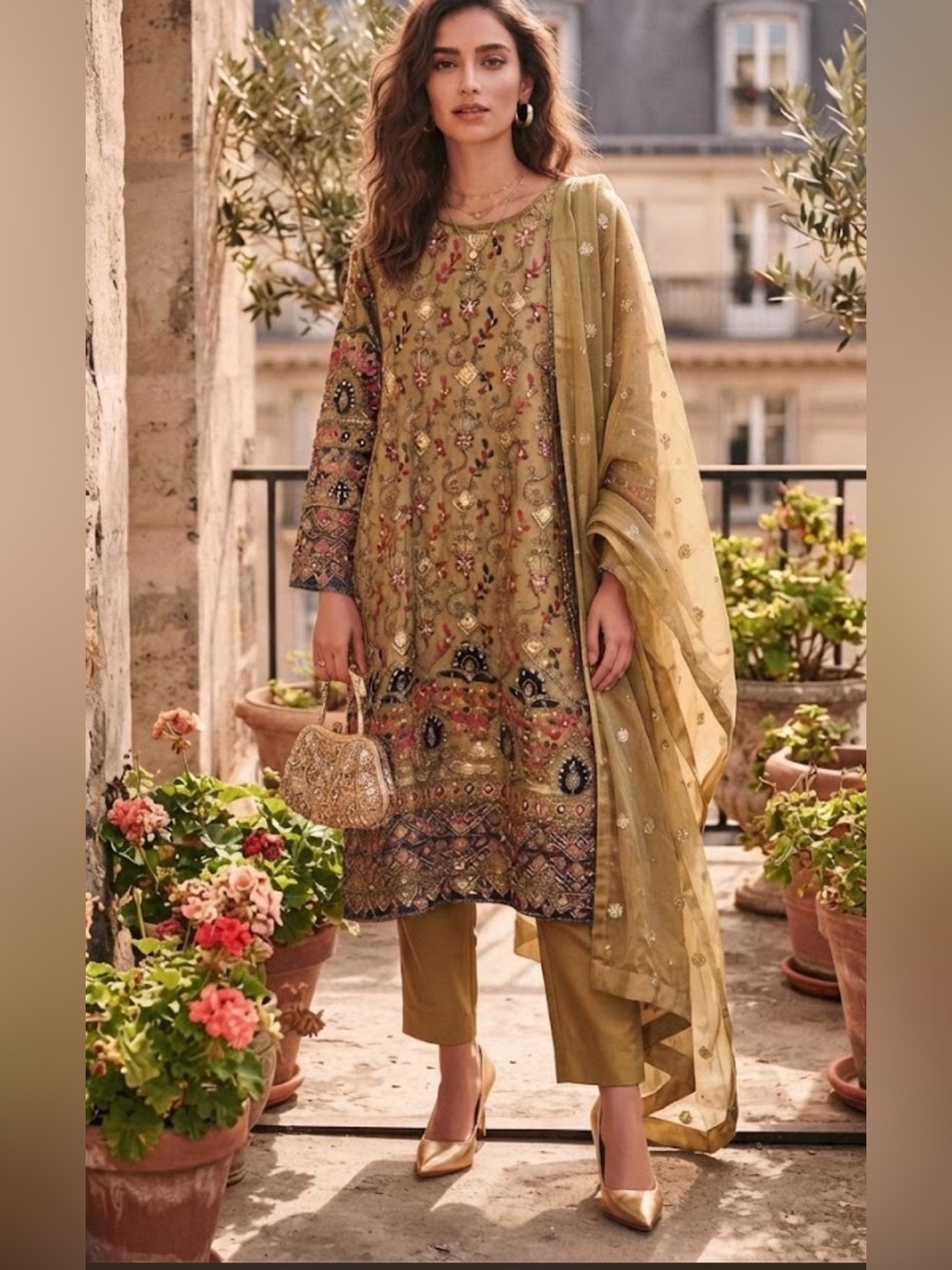 Custom-Made Pakistani 3-Piece Suit | Size Small | Olive Green Sequin.